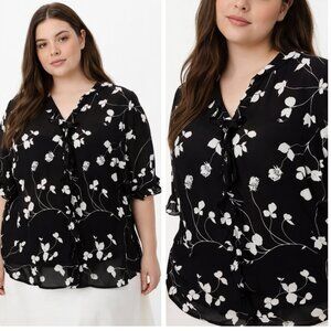 Lauren Ralph Lauren Silk Floral Ruffle Blouse 20W Black White Sheer